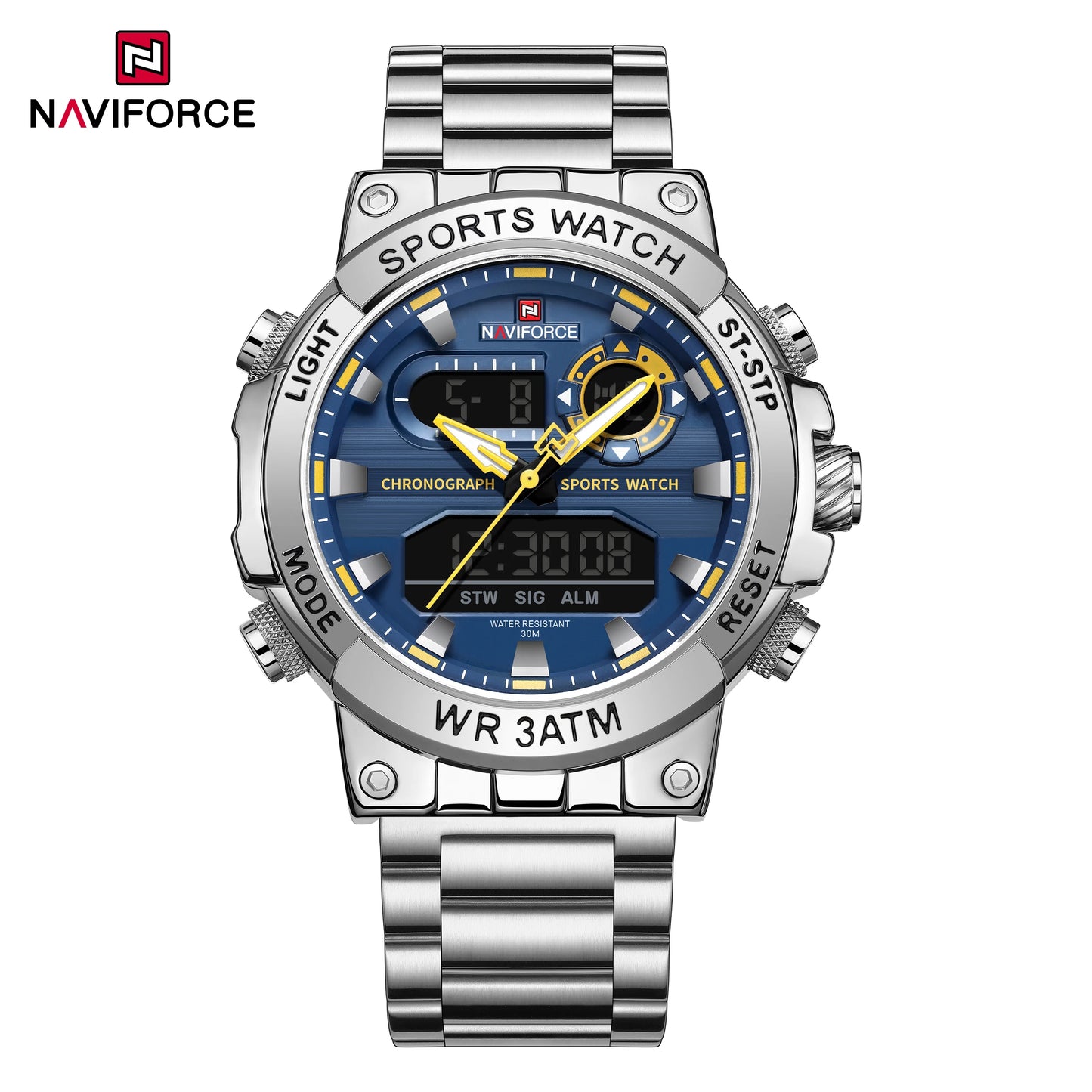 NAVIFROCE 9237 Stainless Steel Watch for Men Multi-funciton Double Display Chronograph Silver Blue Quartz Watches Waterproof