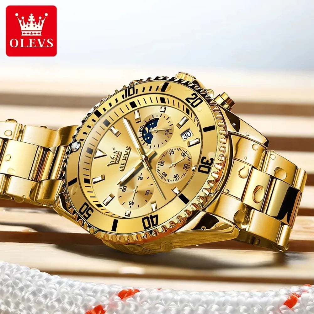 OLEVS 2870 Men's Watches Golden Stainless Steel Calendar Moon Phase Chronograph 42.5mm Big Dial Men's Wristwatches