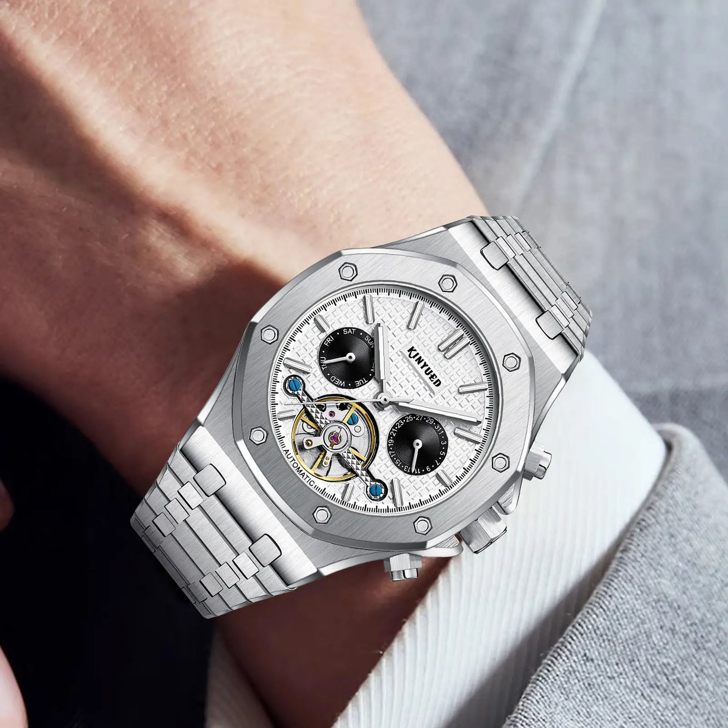 Custom Logo  J121 Business Stainless Steel Strap Watches Male Fashion Tourbillon Hollow Out Automatic Mechanical