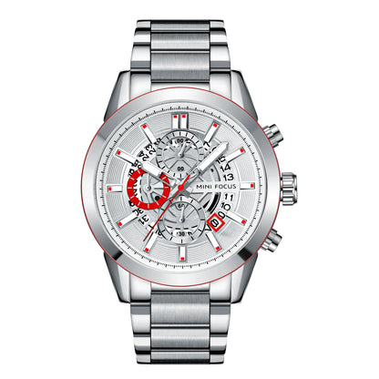 Montre Homme MINI FOCUS MF0285G Luxury Quartz Watch Sports Waterproof Calendar Silver Stainless Steel Band Men Wrist Watches