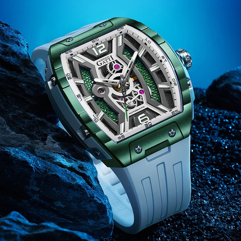 Bonest Gatti Luxury Big Skeleton Dial Mens Watch Moon Phase Tourbillon Rubber Men Automatic Watches