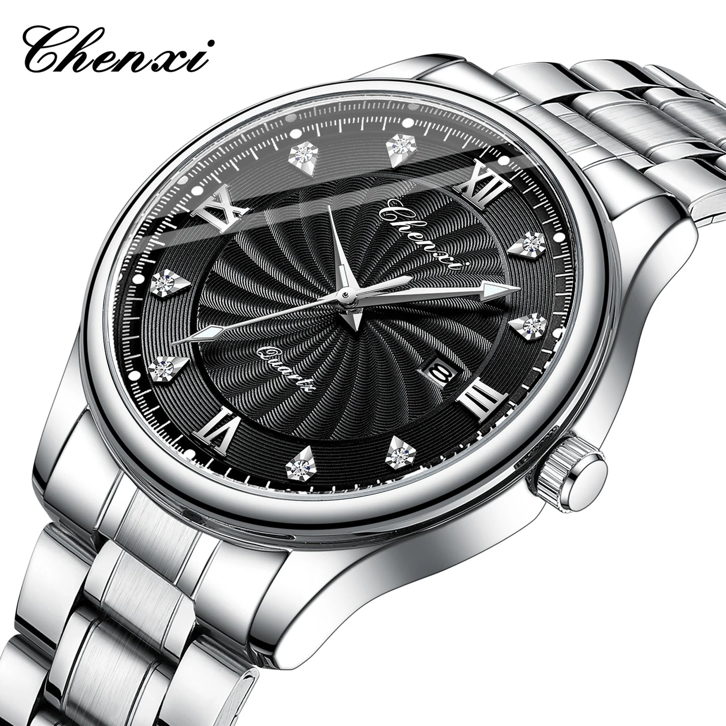 CHENXI 012 Diamond Watch for Men Stainless Steel Strap Man Sport Quartz Watches Fashion Silver White Bracelet Mens Wristwatches