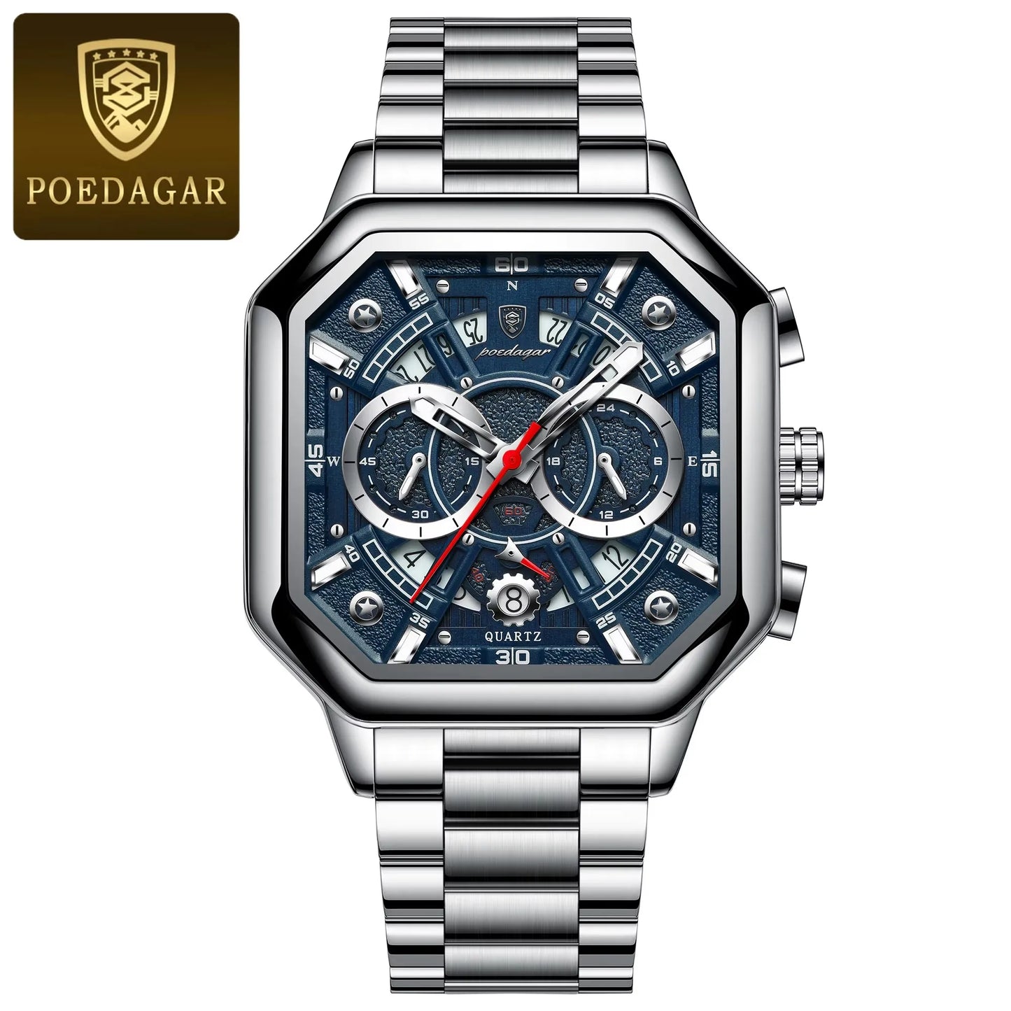 POEDAGAR 983 Men Square Waterproof Luminous Hands Watch Luxury Chronograph Sports Quartz Reloj Hombre Men's Stainless Watches