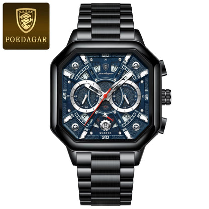 POEDAGAR 983 Men Square Waterproof Luminous Hands Watch Luxury Chronograph Sports Quartz Reloj Hombre Men's Stainless Watches
