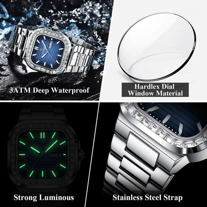 POEDAGAR Men Watch 975 Waterproof Luminous Date Sport Man Wristwatch Silver Blue Stainless Steel Diamond Quartz Men's Watches