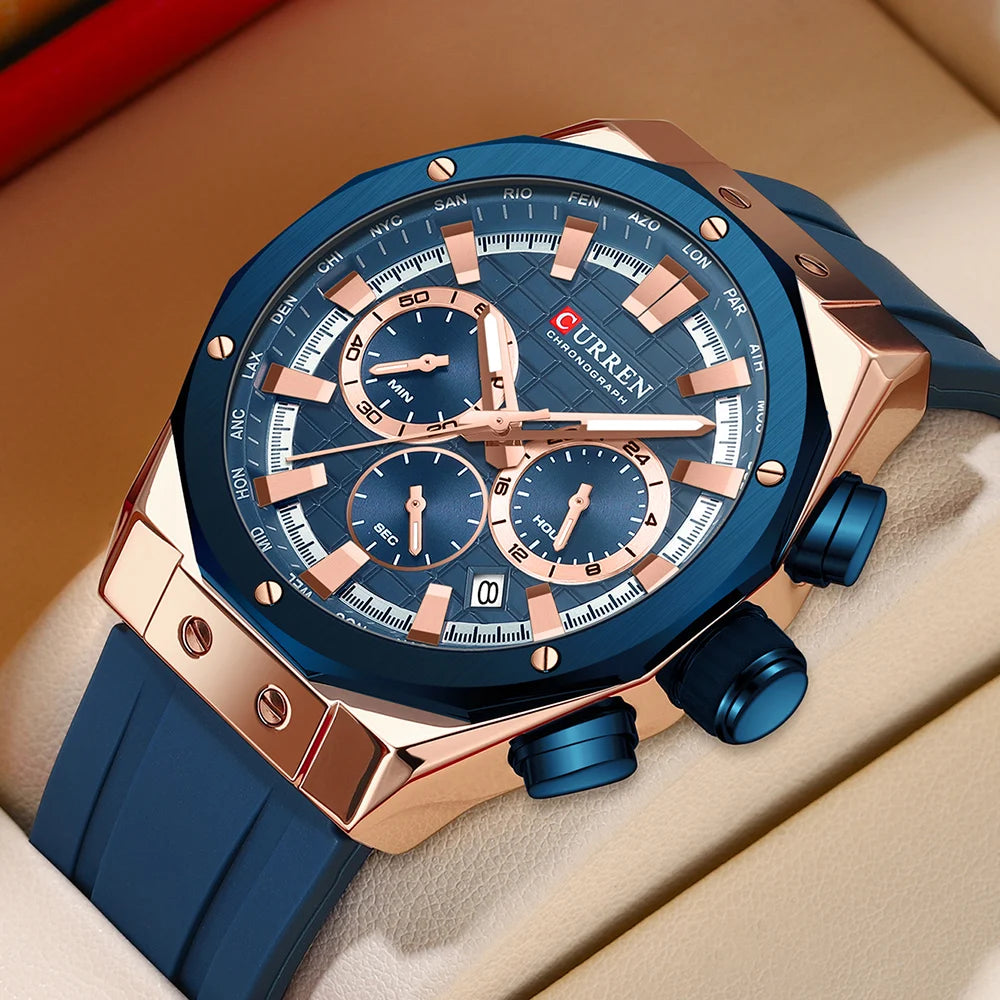 CURREN 8464 Watch for Men 2024 New Multifunctiton Chronograph Men Fashion Blue Silicone Strap Waterproof Calendar Quartz Watches