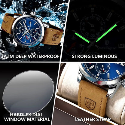 POEDAGAR 932 NewLuxury Wristwatch for Man Waterproof Luminous Chronograph Men Sports Leather Quartz Watches  Reloj