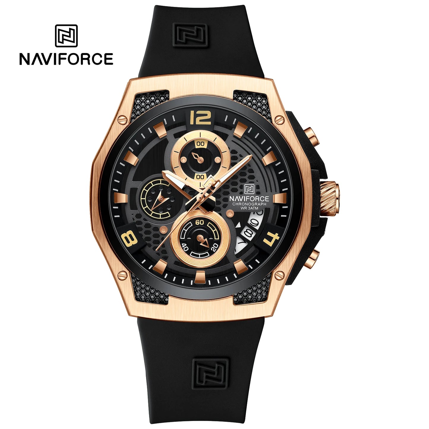 NAVIFORCE Men Sport Watch Fashion Chronograph Silicone Strap Waterproof Calendar Mens Luxury Black Gold Quartz Watches 8051