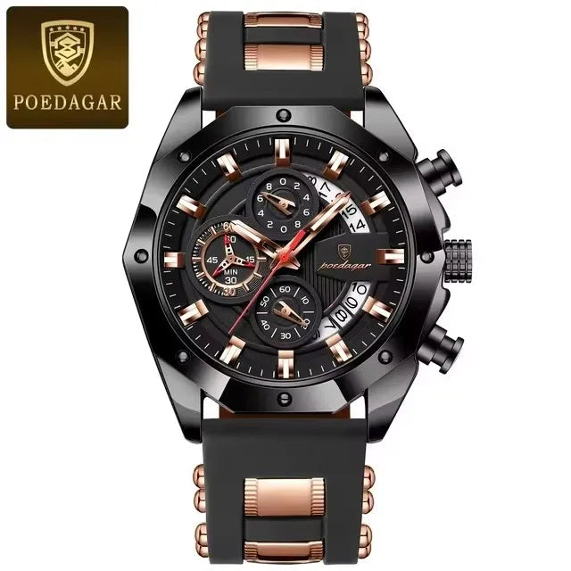 POEDAGAR 913 Fashion Luminous Hands Male Wristwatches Luxury Small Three Dial Sport Chronograph Calendar Silicone Strap Watches
