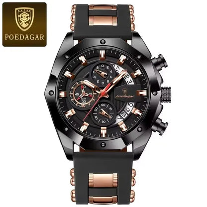 POEDAGAR 913 Fashion Luminous Hands Male Wristwatches Luxury Small Three Dial Sport Chronograph Calendar Silicone Strap Watches