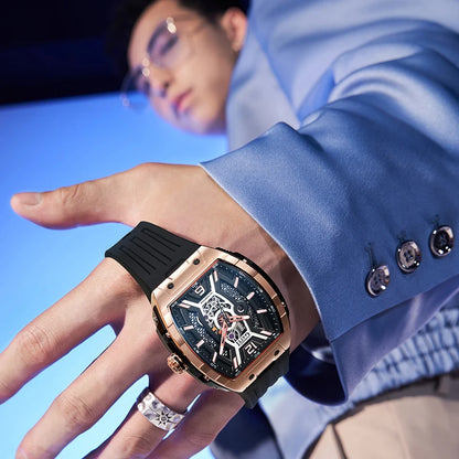 Bonest Gatti Luxury Big Skeleton Dial Mens Watch Moon Phase Tourbillon Rubber Men Automatic Watches