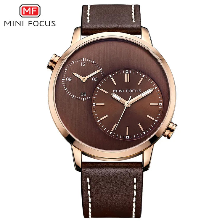 MINI FOCUS Fashion Genuine Leather Business 2 Time Zone Quartz-Watch Men Wristwatch Men Watches Fashion Casual Man Watch 0035G