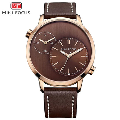 MINI FOCUS Fashion Genuine Leather Business 2 Time Zone Quartz-Watch Men Wristwatch Men Watches Fashion Casual Man Watch 0035G