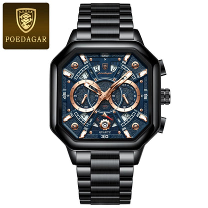 POEDAGAR 983 Men Square Waterproof Luminous Hands Watch Luxury Chronograph Sports Quartz Reloj Hombre Men's Stainless Watches