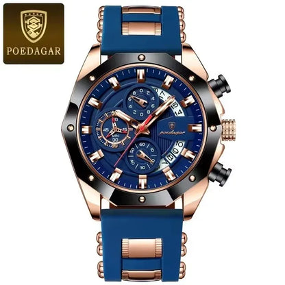 POEDAGAR 913 Fashion Luminous Hands Male Wristwatches Luxury Small Three Dial Sport Chronograph Calendar Silicone Strap Watches
