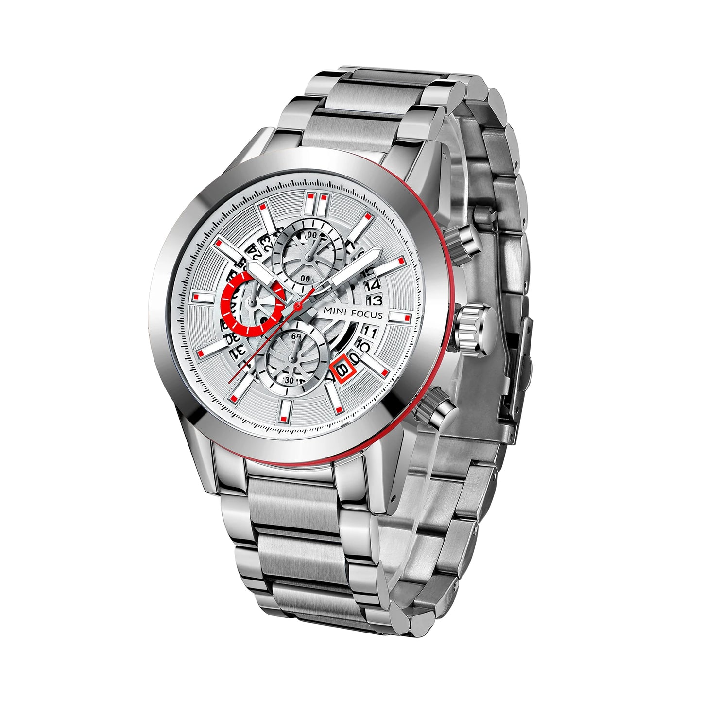 Montre Homme MINI FOCUS MF0285G Luxury Quartz Watch Sports Waterproof Calendar Silver Stainless Steel Band Men Wrist Watches