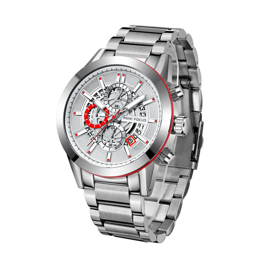 Montre Homme MINI FOCUS MF0285G Luxury Quartz Watch Sports Waterproof Calendar Silver Stainless Steel Band Men Wrist Watches