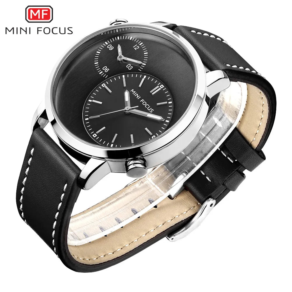 MINI FOCUS Fashion Genuine Leather Business 2 Time Zone Quartz-Watch Men Wristwatch Men Watches Fashion Casual Man Watch 0035G