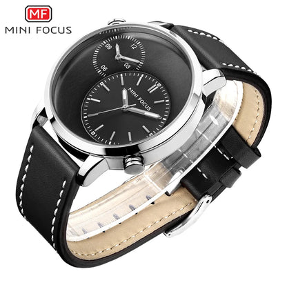 MINI FOCUS Fashion Genuine Leather Business 2 Time Zone Quartz-Watch Men Wristwatch Men Watches Fashion Casual Man Watch 0035G