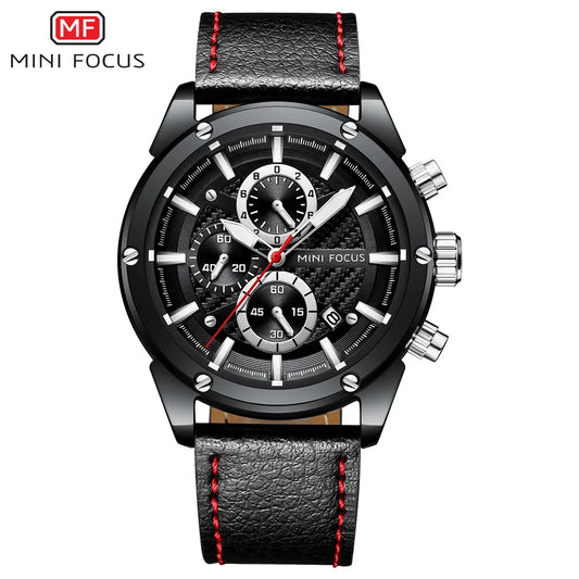 MINI FOCUS Quartz for Men Waterproof Sport Chronograph Wristwatch Blue Leather Strap Clock Fashion Mens Watches 0161G