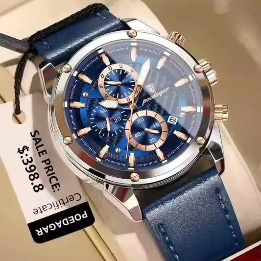 POEDAGAR 860 Fashion Blue Dial Silver Case Multifunction Chronograph Luxury Leather Quartz Watches for Men Business Mens Gift