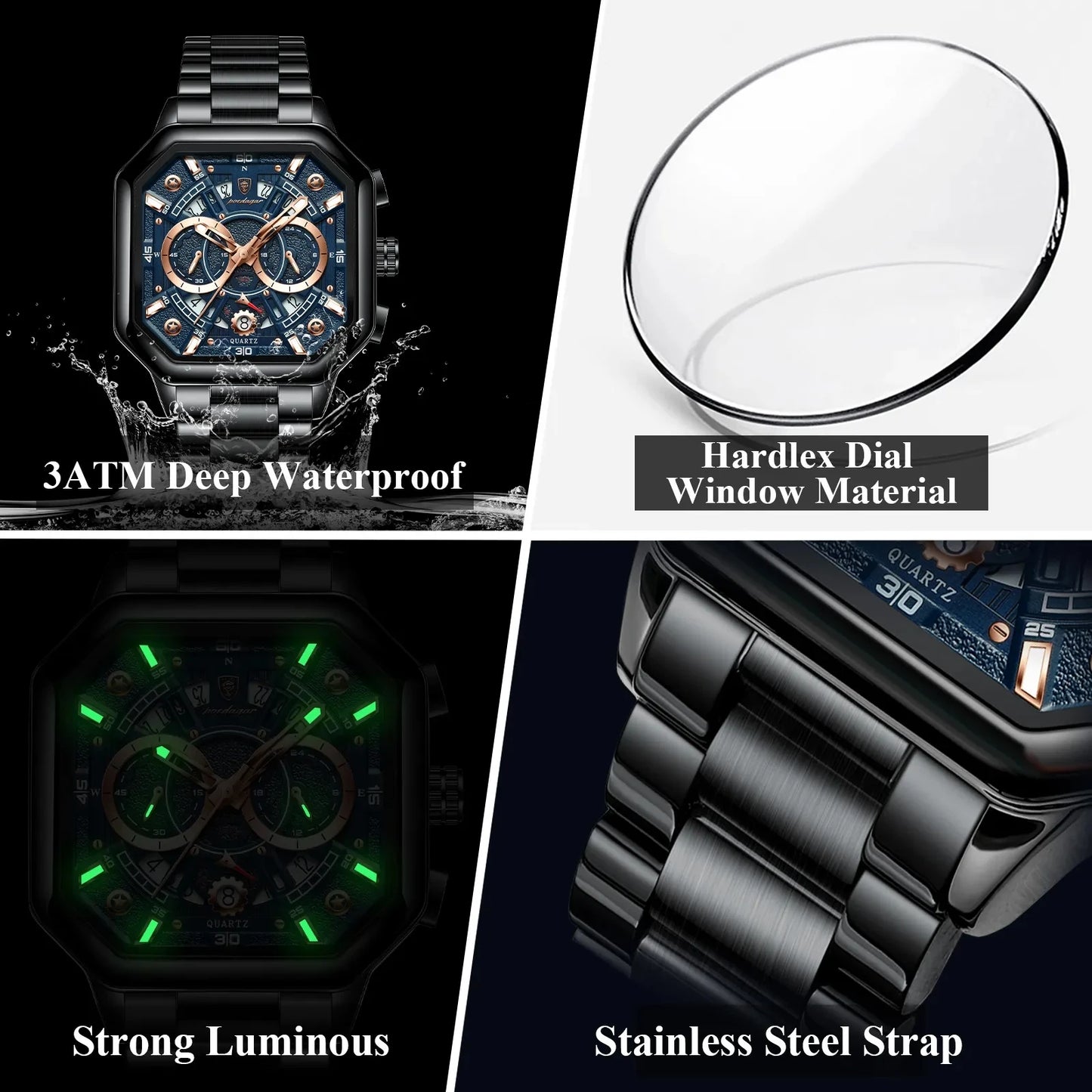 POEDAGAR 983 Men Square Waterproof Luminous Hands Watch Luxury Chronograph Sports Quartz Reloj Hombre Men's Stainless Watches