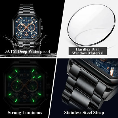 POEDAGAR 983 Men Square Waterproof Luminous Hands Watch Luxury Chronograph Sports Quartz Reloj Hombre Men's Stainless Watches
