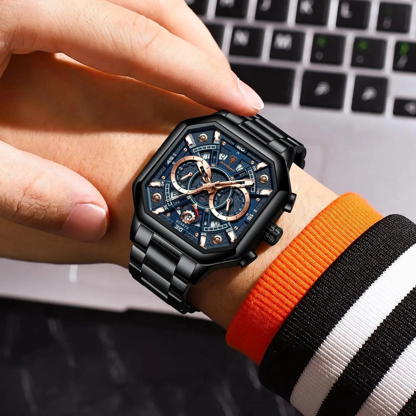 POEDAGAR 983 Men Square Waterproof Luminous Hands Watch Luxury Chronograph Sports Quartz Reloj Hombre Men's Stainless Watches