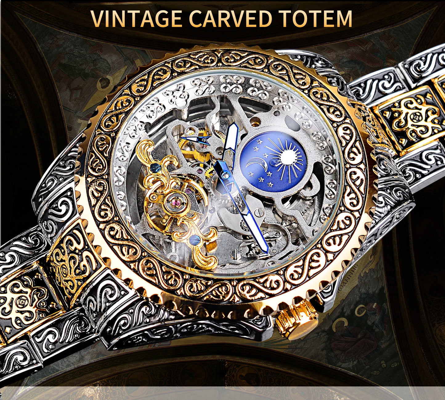 Hot Sale Vintage Engraved Skeleton Tourbillon Mechanical Men's Watches Luxury Moon Phase Clock Wholesale Watches