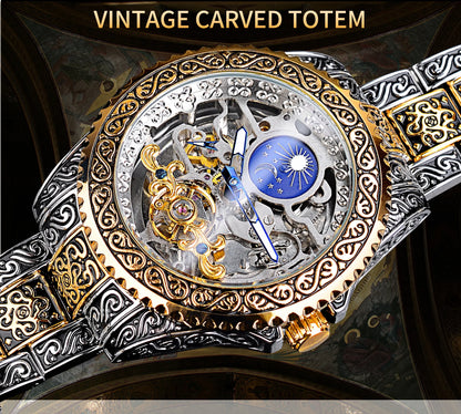 Hot Sale Vintage Engraved Skeleton Tourbillon Mechanical Men's Watches Luxury Moon Phase Clock Wholesale Watches