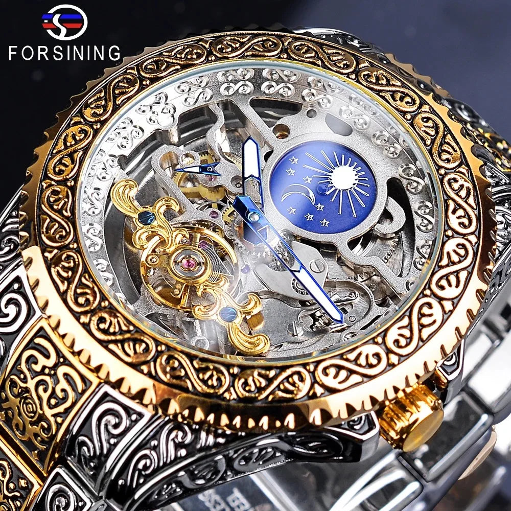 Hot Sale Vintage Engraved Skeleton Tourbillon Mechanical Men's Watches Luxury Moon Phase Clock Wholesale Watches