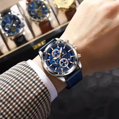 POEDAGAR 860 Fashion Blue Dial Silver Case Multifunction Chronograph Luxury Leather Quartz Watches for Men Business Mens Gift