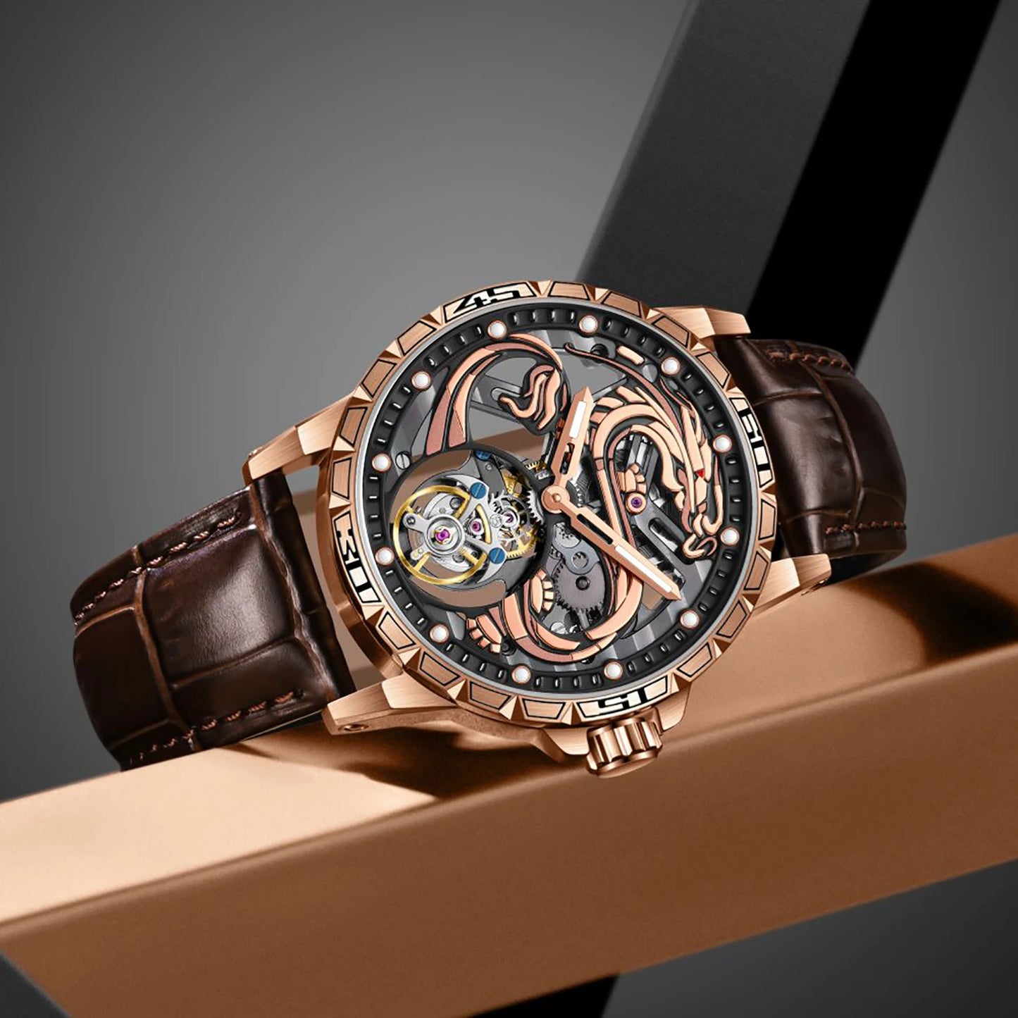China Zodiac Dragon Flying Tourbillon Movement Manual-winding Watch Waterproof Men's Tourbillon Skeleton Mechanical Watches