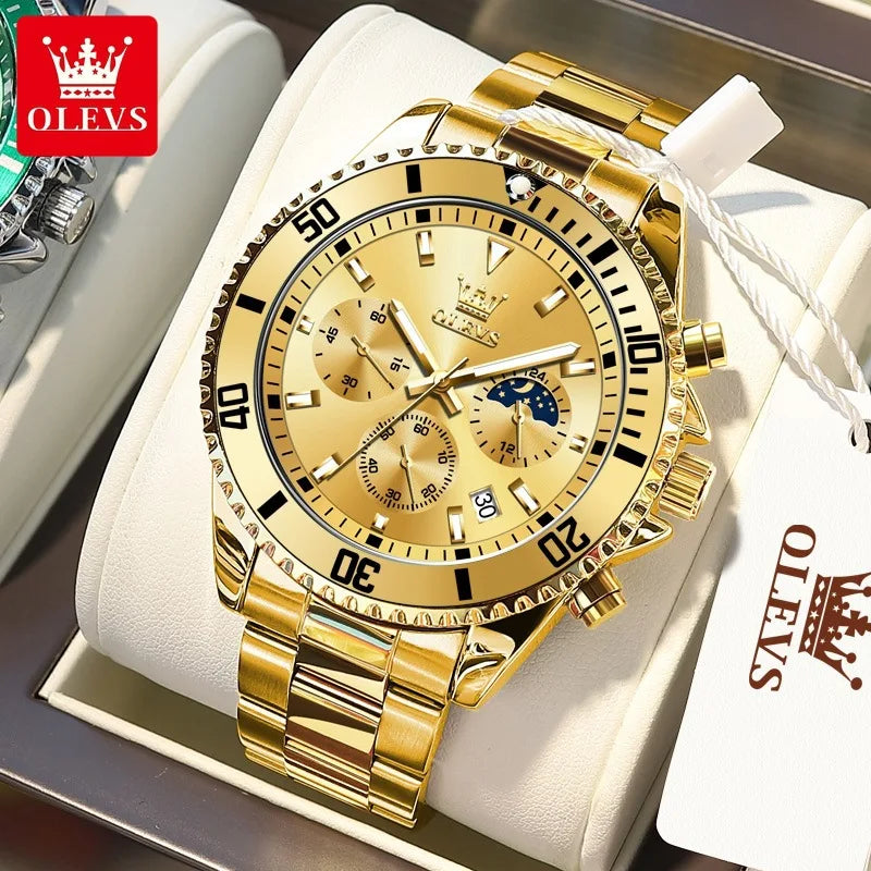 OLEVS 2870 Men's Watches Golden Stainless Steel Calendar Moon Phase Chronograph 42.5mm Big Dial Men's Wristwatches