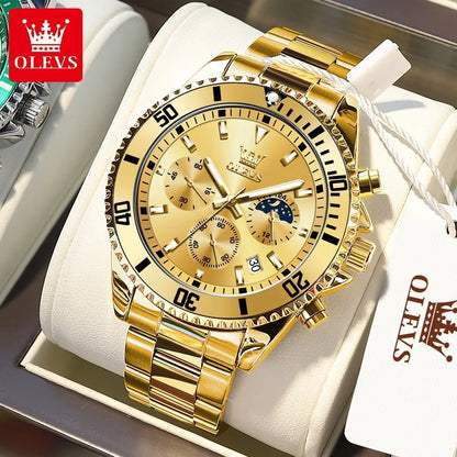 OLEVS 2870 Men's Watches Golden Stainless Steel Calendar Moon Phase Chronograph 42.5mm Big Dial Men's Wristwatches