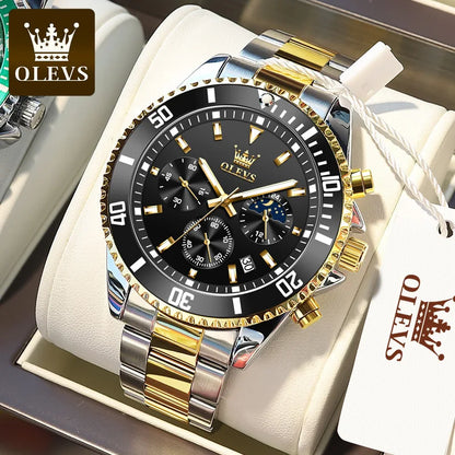 OLEVS 2870 Men's Watches Golden Stainless Steel Calendar Moon Phase Chronograph 42.5mm Big Dial Men's Wristwatches