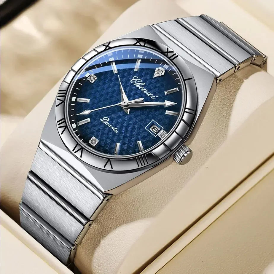 CHENXI 6402 Silver Blue Watch for Men New Mens Wristwatch 40mm Stainless Steel Quartz Watches Business Casual Bracelet Man Gift