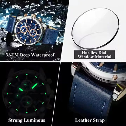 POEDAGAR 860 Fashion Blue Dial Silver Case Multifunction Chronograph Luxury Leather Quartz Watches for Men Business Mens Gift