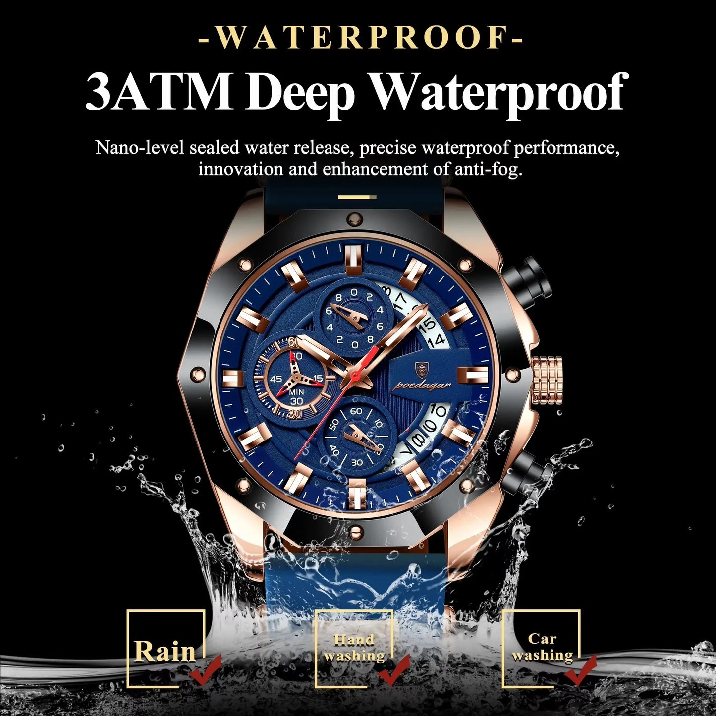 POEDAGAR 913 Fashion Luminous Hands Male Wristwatches Luxury Small Three Dial Sport Chronograph Calendar Silicone Strap Watches