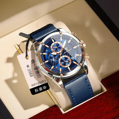 POEDAGAR 860 Fashion Blue Dial Silver Case Multifunction Chronograph Luxury Leather Quartz Watches for Men Business Mens Gift
