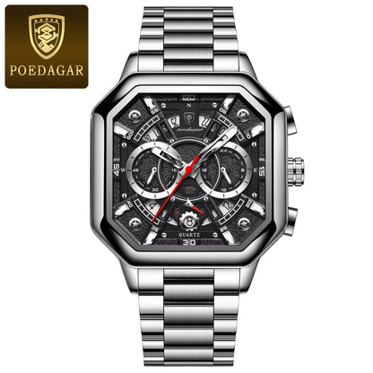 POEDAGAR 983 Men Square Waterproof Luminous Hands Watch Luxury Chronograph Sports Quartz Reloj Hombre Men's Stainless Watches