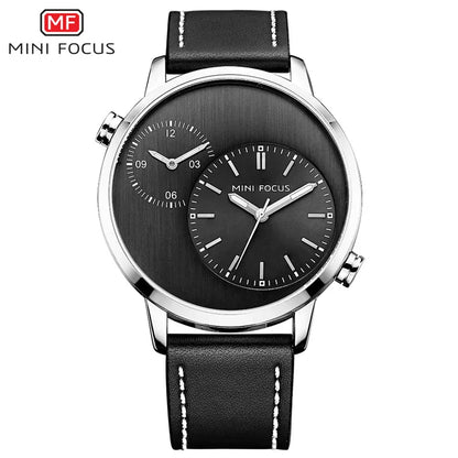 MINI FOCUS Fashion Genuine Leather Business 2 Time Zone Quartz-Watch Men Wristwatch Men Watches Fashion Casual Man Watch 0035G