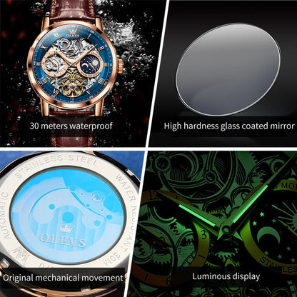 OLEVS 6670 Luxury Brand Men Style Fashion Skeleton Mechanical Men's Watch Genuine Leather Belt Automatic Oem Automatic Watches