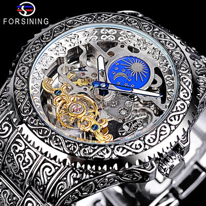 Hot Sale Vintage Engraved Skeleton Tourbillon Mechanical Men's Watches Luxury Moon Phase Clock Wholesale Watches