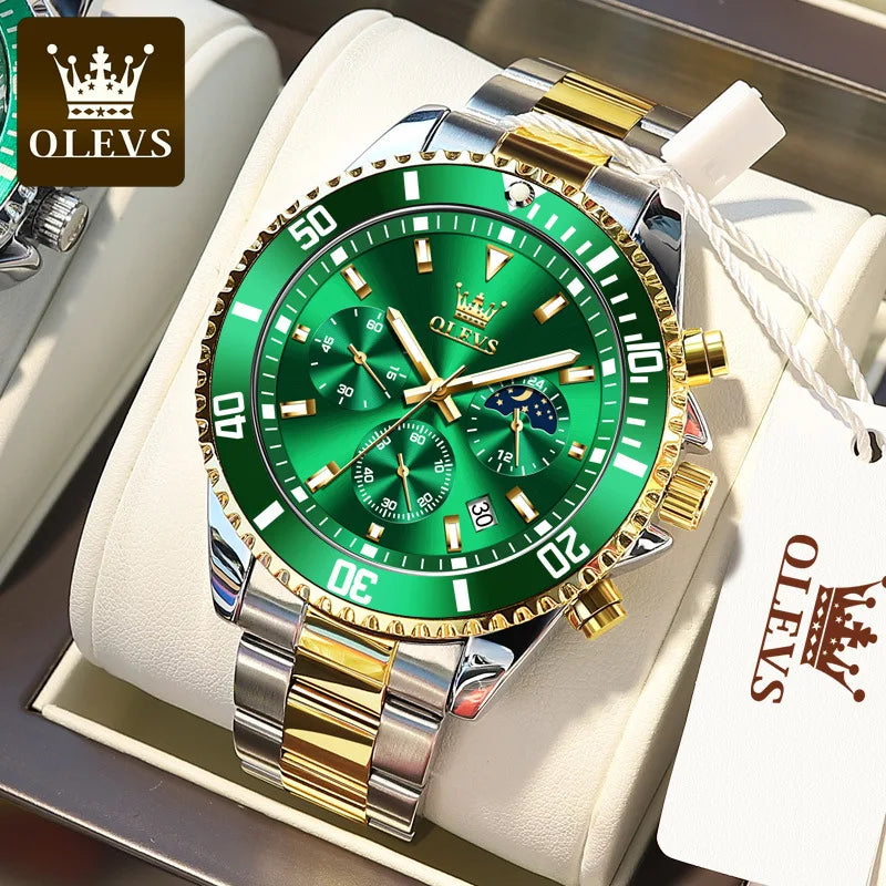 OLEVS 2870 Men's Watches Golden Stainless Steel Calendar Moon Phase Chronograph 42.5mm Big Dial Men's Wristwatches