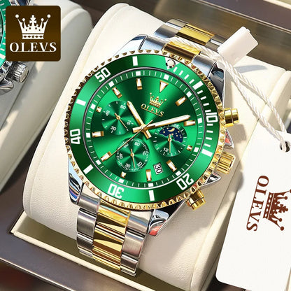 OLEVS 2870 Men's Watches Golden Stainless Steel Calendar Moon Phase Chronograph 42.5mm Big Dial Men's Wristwatches