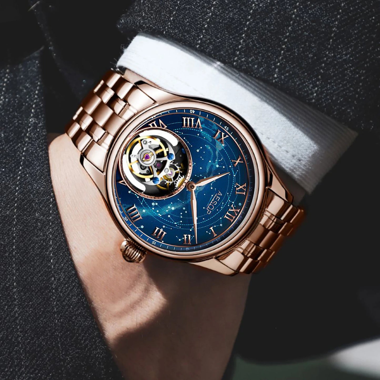 AESOP Starry Sky Tourbillon Watch for Men Fashion Stainless Steel Waterproof Men's Mechanical Watches with Steel Strip