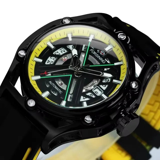 Forsining 8282 New Sports Gold Automatic Mens Watch Fashion Calendar Window Luminous Hands Rubber Luxury Mechanical Watches