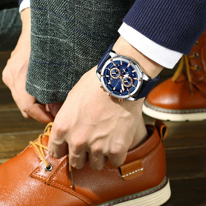 MINI FOCUS Quartz for Men Waterproof Sport Chronograph Wristwatch Blue Leather Strap Clock Fashion Mens Watches 0161G