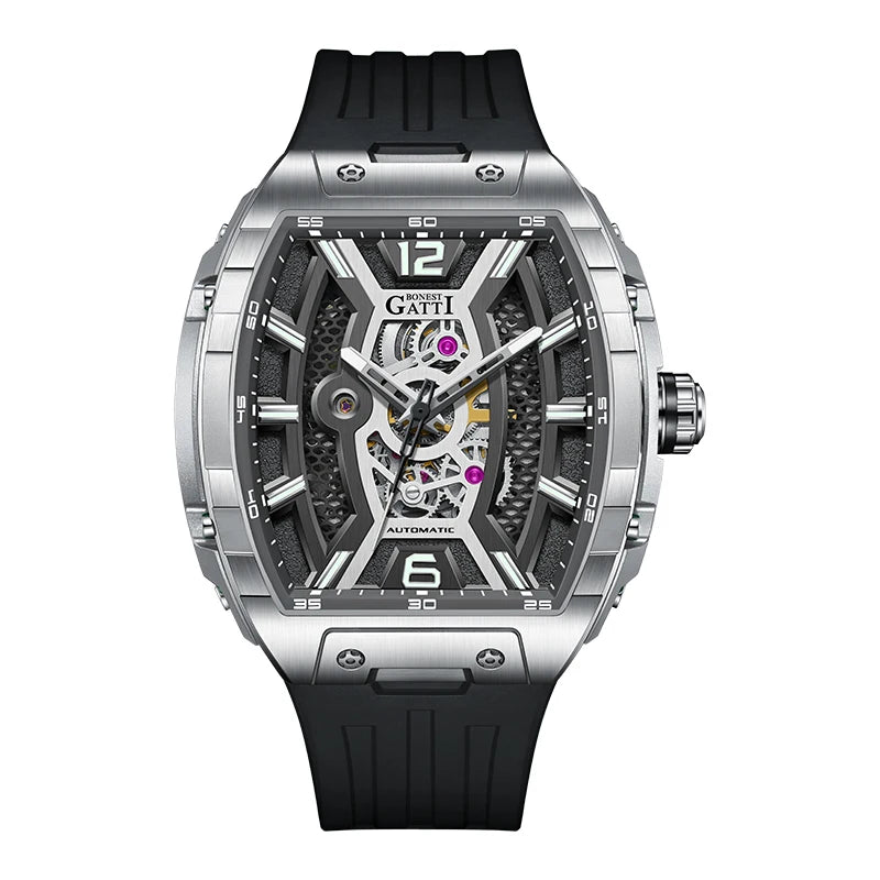 Bonest Gatti Luxury Big Skeleton Dial Mens Watch Moon Phase Tourbillon Rubber Men Automatic Watches